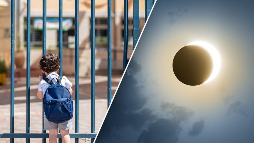 boy at closed school next to solar eclipse