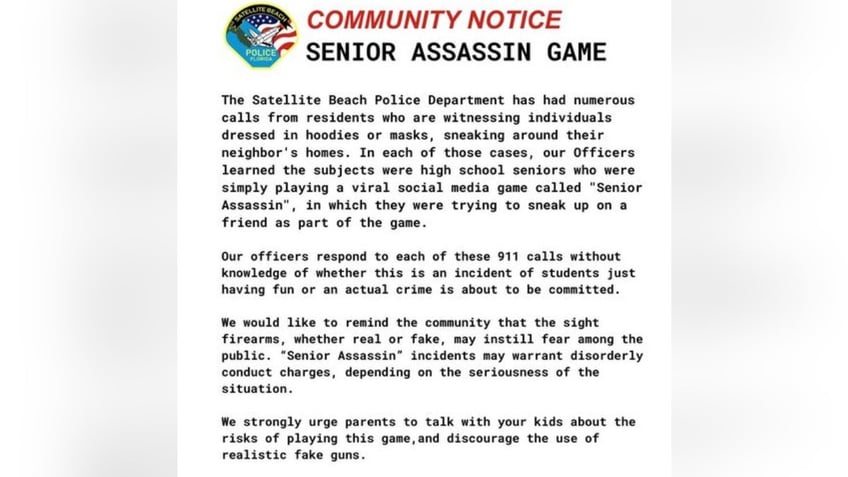 Police in Satellite Beach, Florida, warned about "Senior Assassin" TikTok game.