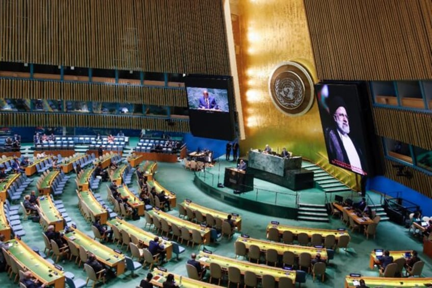 A picture of the late Iranian president Ebrahim Raisi is displayed as the UN General Assem