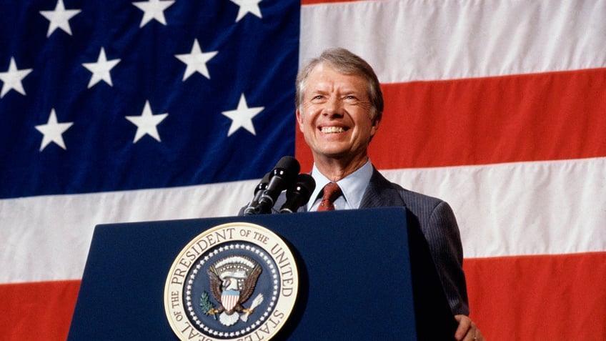 President Jimmy Carter addressing a town meeting in 1979.