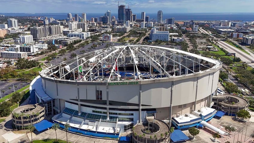 Tropicana Field aerial shot of decimated roof