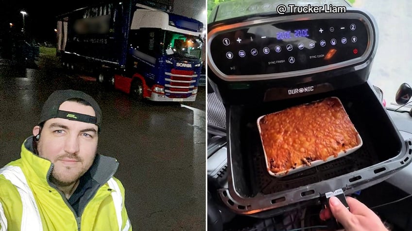 Liam Houghton poses for a selfie with his truck in the background. That's where he cooks lasagna and other meals when he's on the road, posting the videos on social media.