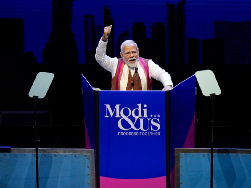 Narendra Modi, Prime Minister of India, speaks at an event in Uniondale, N.Y., Sunday, Sept. 22, 2024. (AP Photo/Seth Wenig)