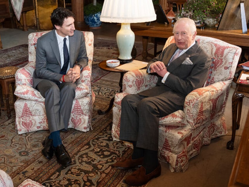 Britain's King Charles III, right, meets Canadian Prime Minister Justin Trudeau at th