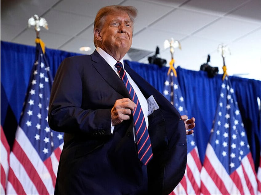 Republican presidential candidate former President Donald Trump arrives to speak at a primary election night party in Nashua, N.H., Tuesday, Jan. 23, 2024. (AP Photo/Matt Rourke)