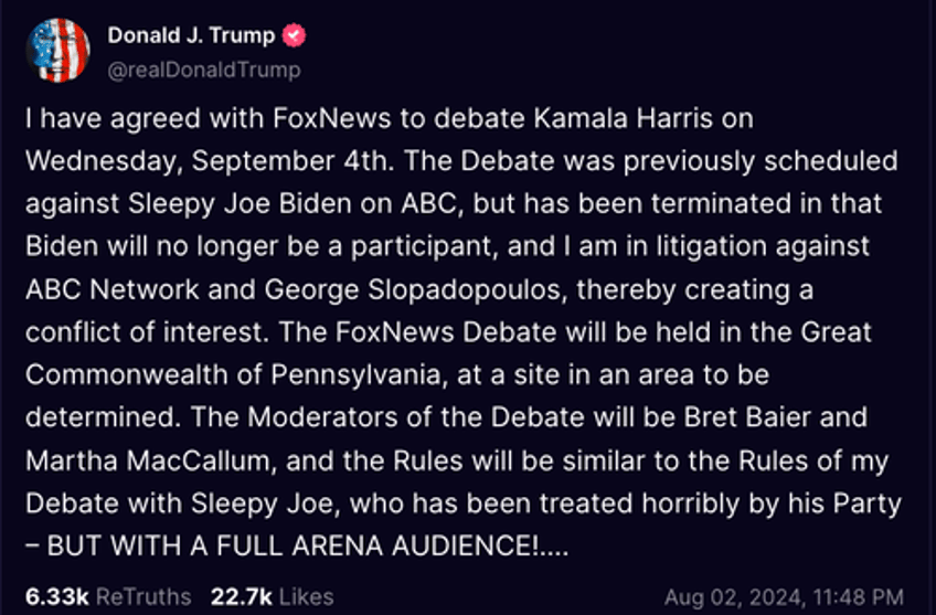 trump agrees to debate kamala harris on fox news with full arena audience