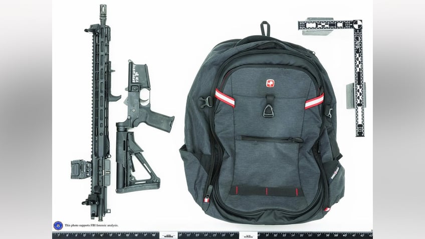 An evidence photo shows Thomas Crooks’ semi-automatic rifle and backpack as it was likely transported following the assassination attempt of former President Donald Trump