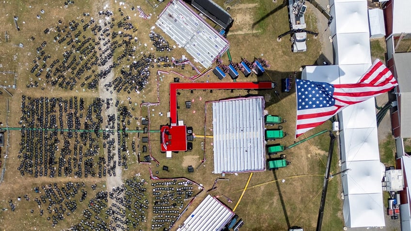 A drone view during the police investigation into gunfire at a campaign rally of Republican presidential candidate and former President Donald Trump