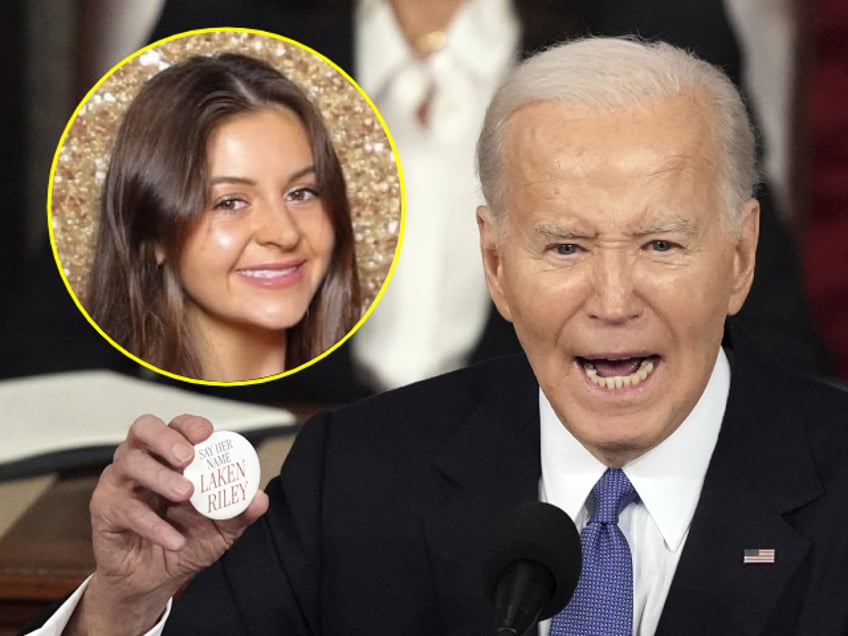 (INSET: Laken Riley) President Joe Biden holds up a Laken Riley Botton as he delivers the State of the Union address to a joint session of Congress at the U.S. Capitol, Thursday March 7, 2024, in Washington. (AP Photo/Andrew Harnik)