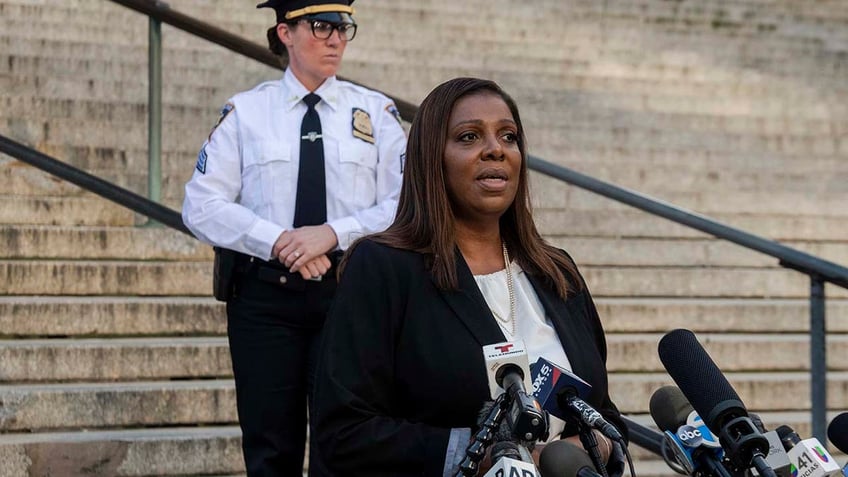 New York Attorney General Letitia James speaks outside New York Supreme Court
