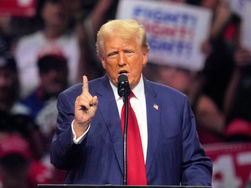 Republican presidential nominee former President Donald Trump speaks at a campaign rally F