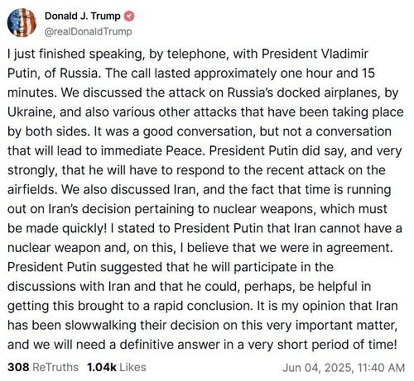 trump breaks silence on brazen ukraine drone op in lengthy putin call