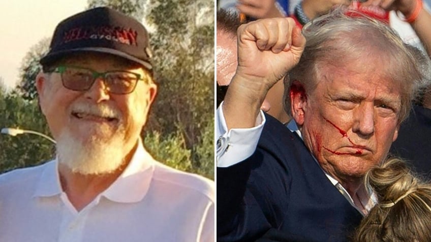 A split image of James Copenhaver and President Trump at his rally in Butler, PA