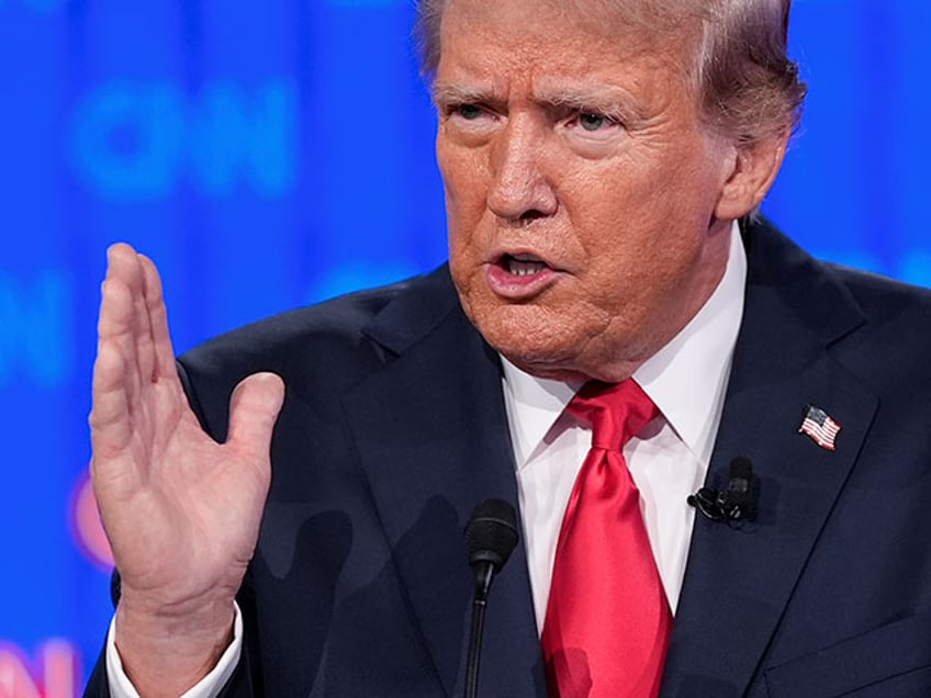 Republican presidential candidate former President Donald Trump gestures during a presidential debate with Joe Biden, Thursday, June 27, 2024, in Atlanta. (AP Photo/Gerald Herbert)