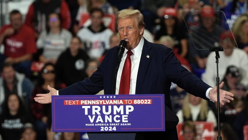 Republican presidential nominee former President Trump speaks at a campaign rally, Oct. 9, 2024, in Scranton, Pa.