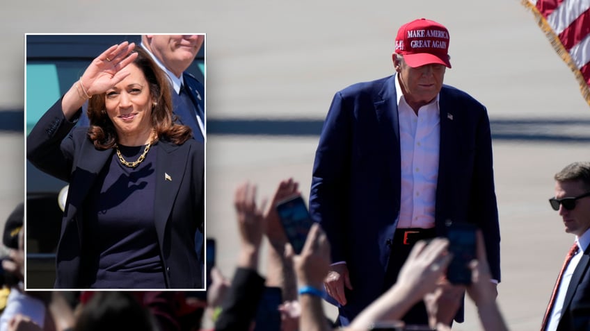 Split image of Kamala smiling, Trump serious