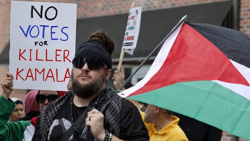 Anti-Israel demonstrators protest in support of the Palestinians who have died in Gaza outside the Arab American National Museum in Dearborn, Michigan, on Aug. 11, 2024.