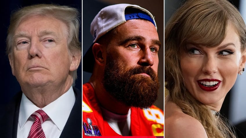 Trump, Kelce and Swift three way split image