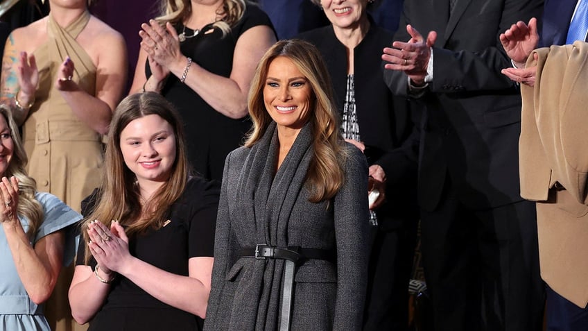 First Lady of the U.S. Melania Trump reacts on the day of U.S. President Donald Trump's speech to a joint session of Congress, in the House Chamber of the U.S. Capitol in Washington, D.C., U.S., March 4, 2025. REUTERS/Evelyn Hockstein