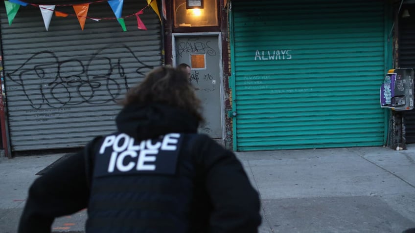 ICE officer seen from behind in front of graffiti covered storefront