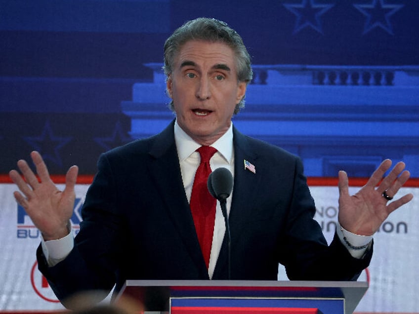 SIMI VALLEY, CALIFORNIA - SEPTEMBER 27: Republican presidential candidate North Dakota Gov. Doug Burgum delivers remarks during the FOX Business Republican Primary Debate at the Ronald Reagan Presidential Library on September 27, 2023 in Simi Valley, California. Seven presidential hopefuls squared off in the second Republican primary debate as former …