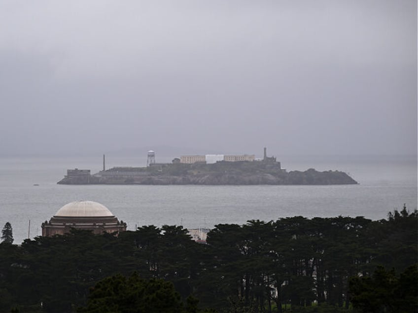 SAN FRANCISCO, CALIFORNIA - MARCH 12: A view of Alcatraz Island during rainy day in San Fr