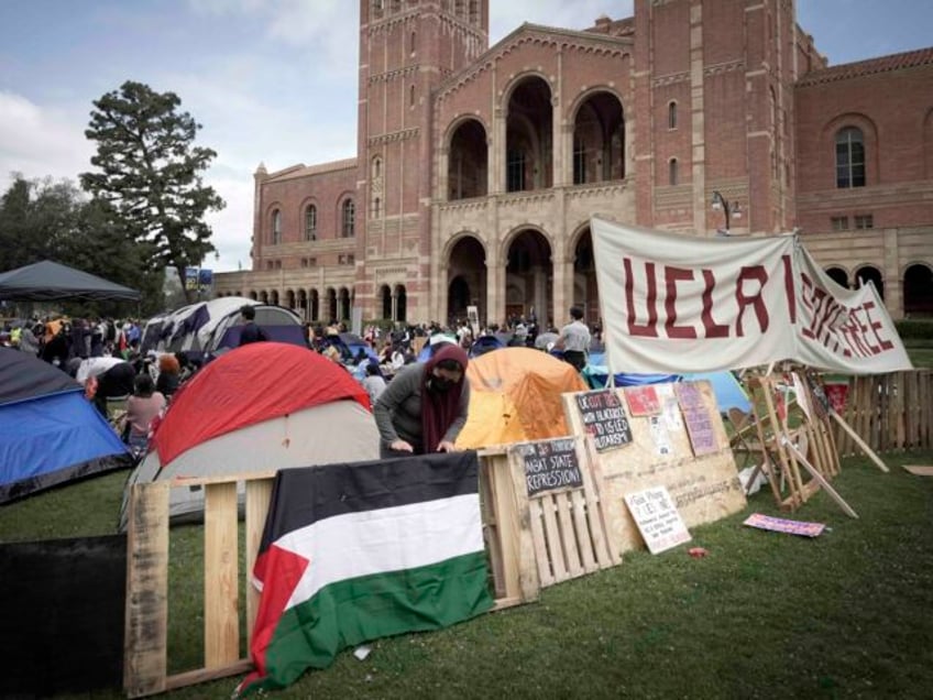 A makeshift camp supporting the Palestinians cause is staged on the UCLA campus, Thursday,