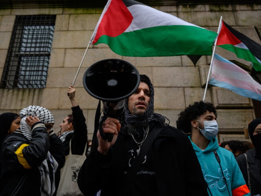 Protestors demonstrate near Columbia University on February 02, 2024 in New York City. The