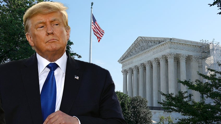 photo illustration Trump superimposed on Supreme Court building in background