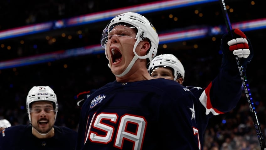 Team USA forward Brady Tkachuk celebrates scoring against Team Canada during the first period during the 4 Nations Face-Off ice hockey championship game at TD Garden. 