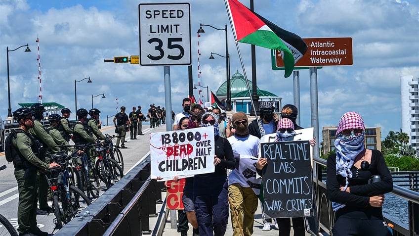 Anti-Israel demonstrators protest against Israeli Prime Minister Benjamin Netanyahu's visit to Florida. 