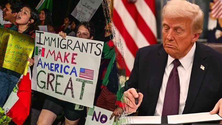 A split photo of president Donald Trump and protesters demonstrating against Trump's immigration policies. 