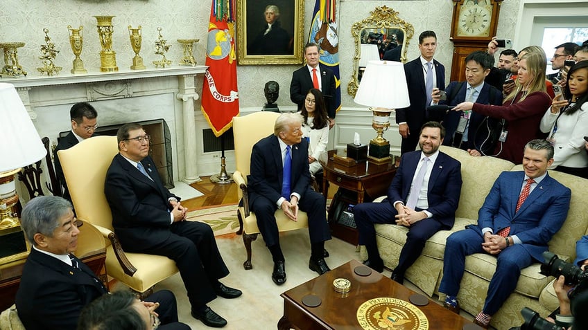 Trump, Vance and Hegseth in Oval Office during meeting with Japanese PM