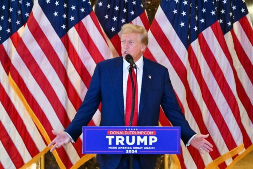 Donald Trump speaks during a press conference in New York on May 31, 2024 after being foun