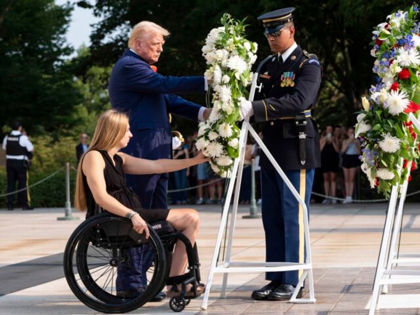 Former U.S. Marine Corps Cpl. Kelsee Lainhart left, and Republican presidential nominee fo