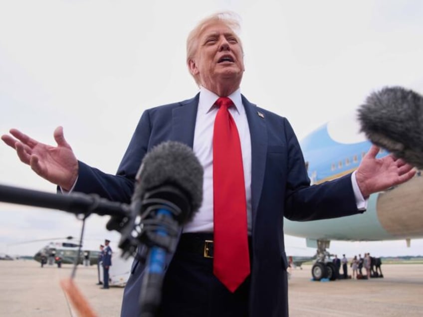 President Donald Trump speaks to the media, Sunday, July 13, 2025, on arrival to Joint Bas