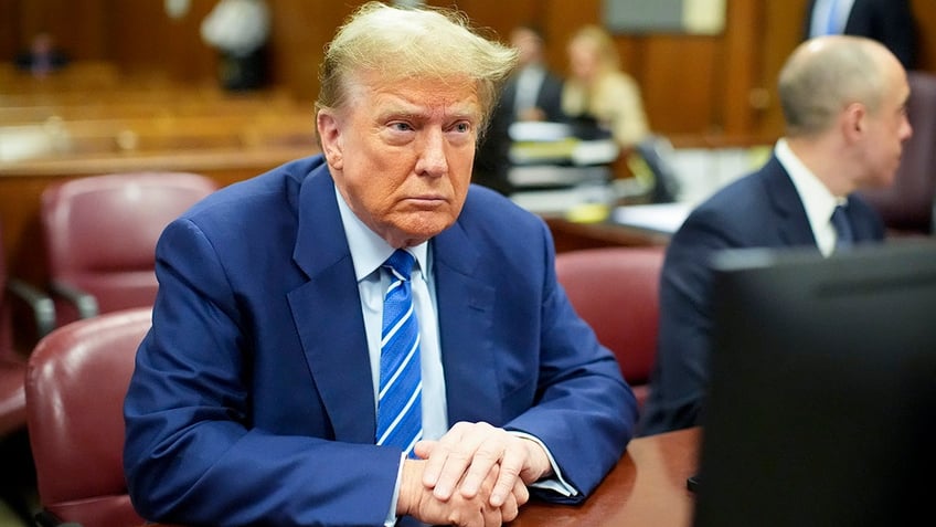 Former President Donald Trump awaits the start of proceedings on the second day of jury selection at Manhattan criminal court