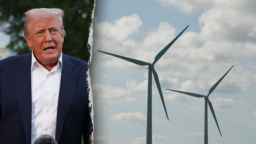 Trump, left; windmills, right