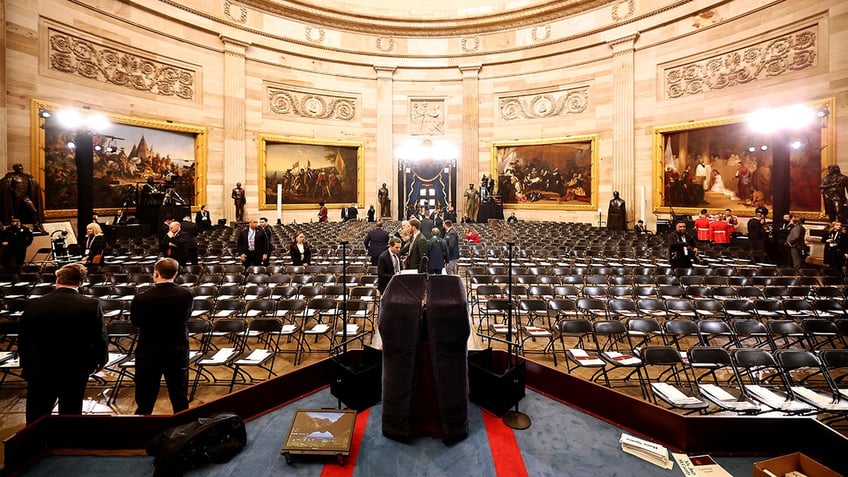 Staff prepare for the inauguration of U.S. President-elect Donald Trump