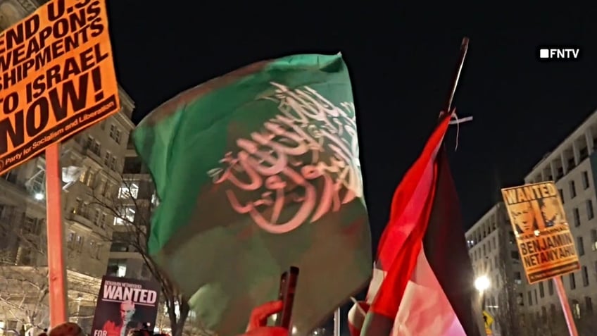 Protesters wave the Hamas flag outside the White House on Feb. 4, 2025.