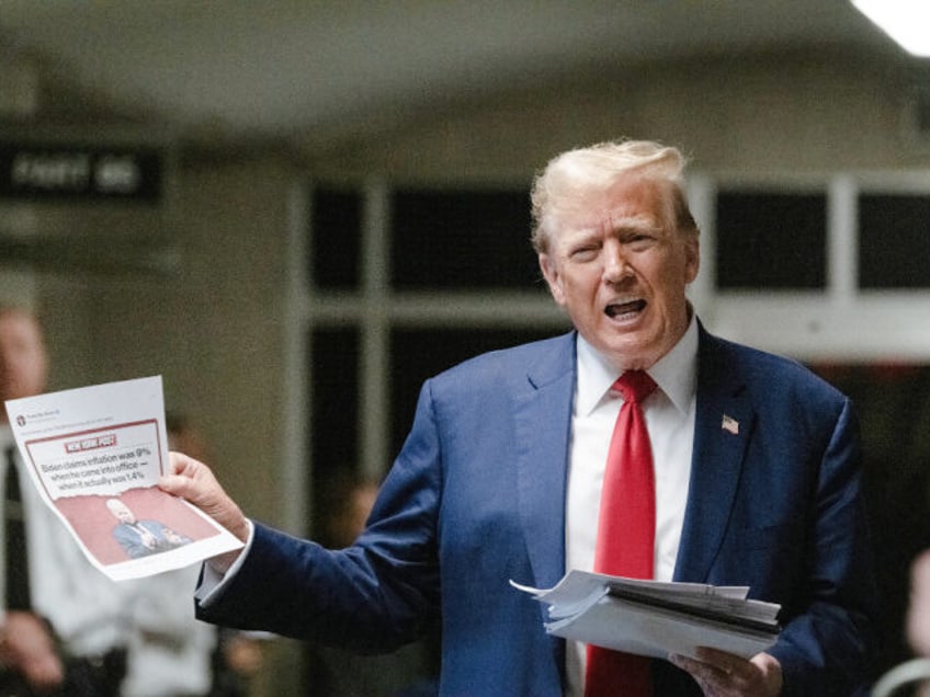 NEW YORK, NEW YORK - MAY 10: Former U.S. President Donald Trump speaks to the media at th