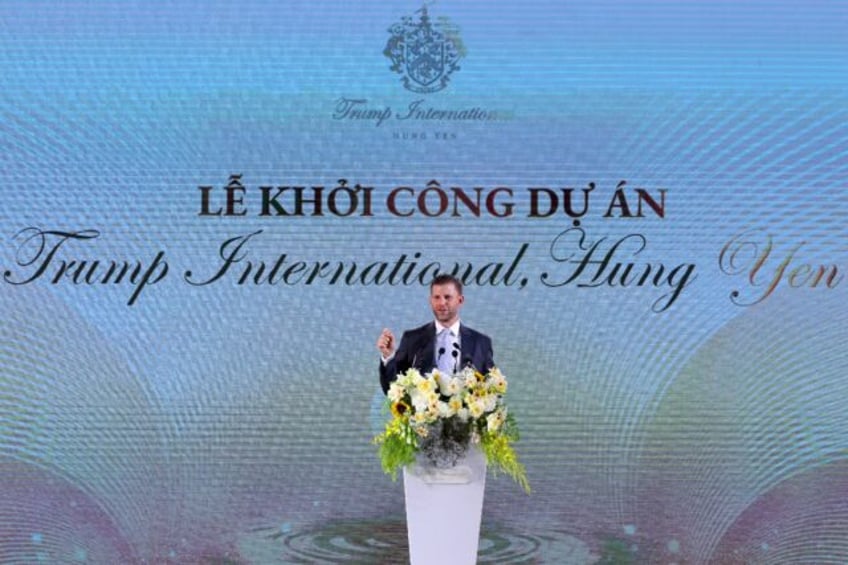 Eric Trump, son of US President Donald Trump, makes a speech during the groundbreaking cer