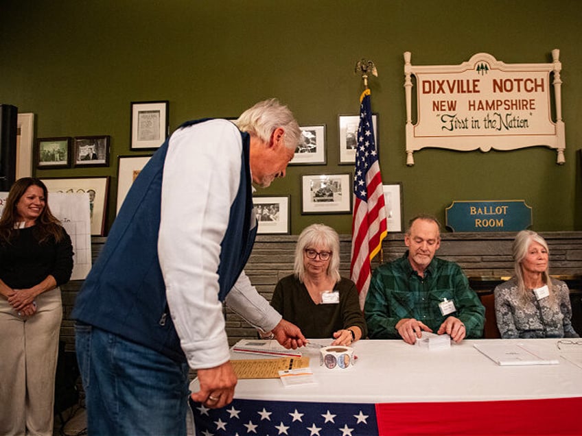 A resident of Dixville Notch shows their ID as they check in to cast their ballots in the