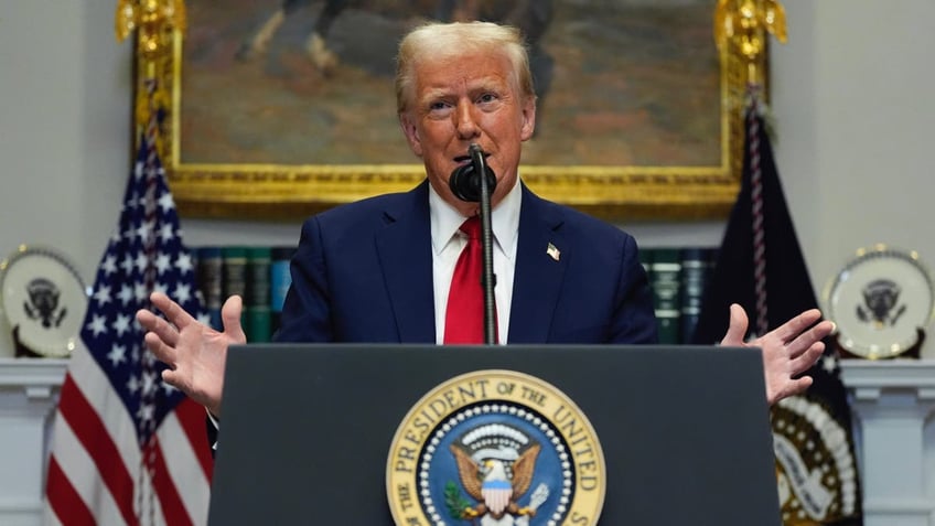 President Donald Trump speaking at the White House