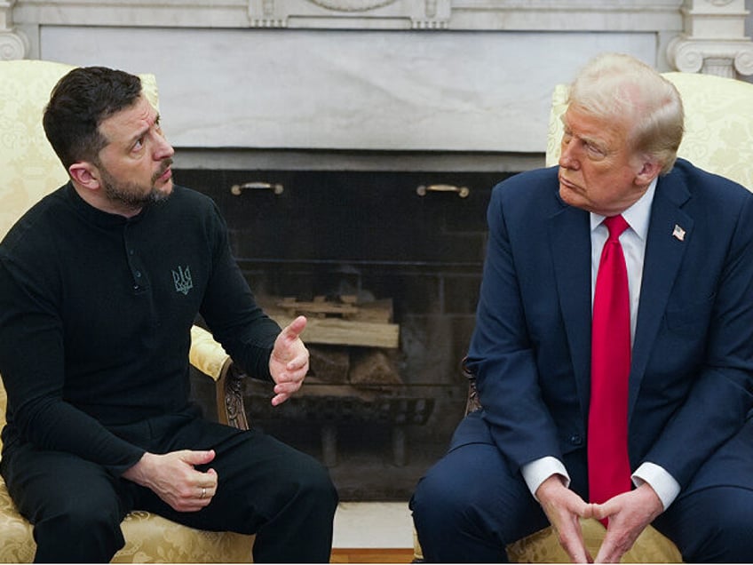 President Donald Trump, right, meets with Ukrainian President Volodymyr Zelenskyy in the O