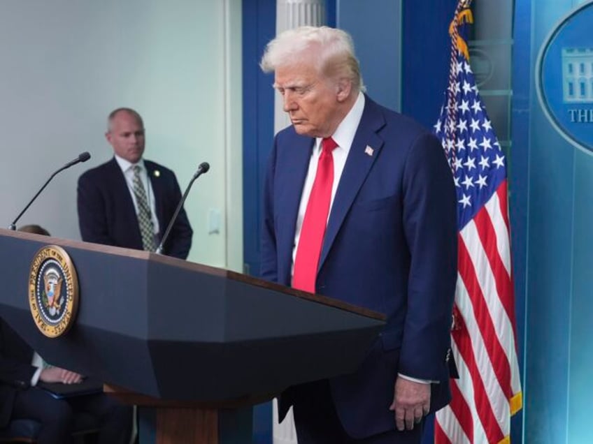 President Donald Trump asks for a moment of silence before he speaks in the James Brady Pr