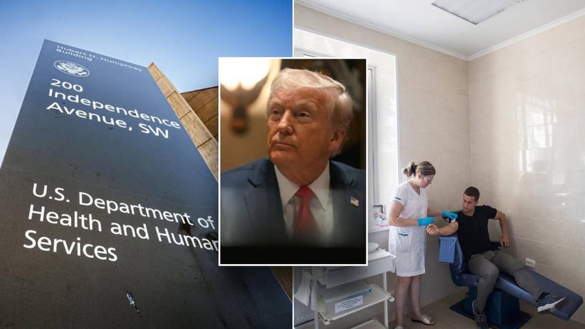 A split image shows the Department of Health and Human Services and President Donald Trump