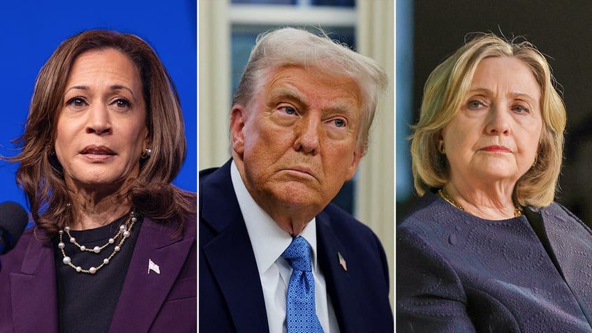 Images of former Vice President Kamala Harris, President Donald Trump and former Secretary of State Hillary Clinton shown side-by-side