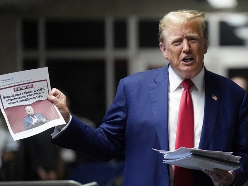 Former President Donald Trump speaks to the press before leaving for the day at his trial