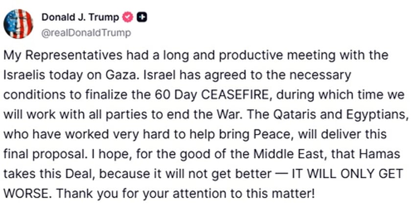 trump says israel agrees to 60 day gaza ceasefire urges hamas to accept